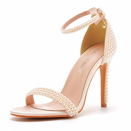 Crystal Queen 4.2 inches White Pearls Bridal Stiletto Heels Sandals Peep Toe Women's Ivory Pearls Sandals For Wedding Party Evening