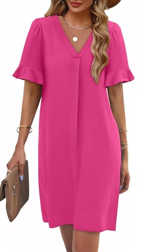 Image of OFEEFAN Summer Dresses for Women Ruffle Short Sleeve V Neck Casual Shift Dress with Pockets
