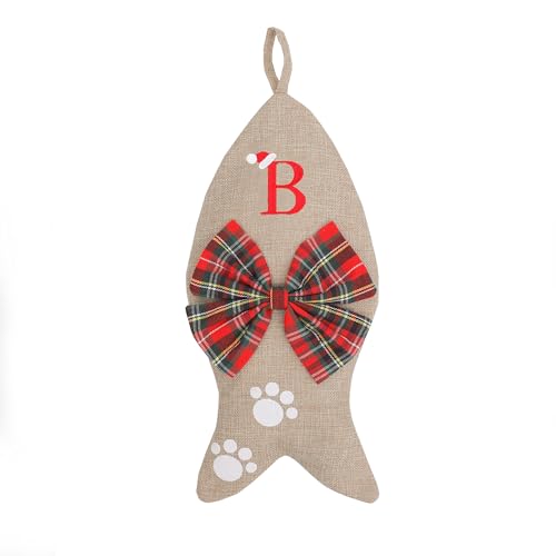 AUAWMLK Personalized 15in Letter Christmas Stocking Linen Style Fish-Shaped Xmas Decorations for Pet Cats(Letter B)