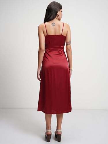 Image of Tokyo Talkies Womens Satin Overlapping Midi Dress | Strappy Silhouette & Luxe Finish | Elegant & Chic for Any Occasion | Dress for Women | Women Dress | Stylish Women Dress