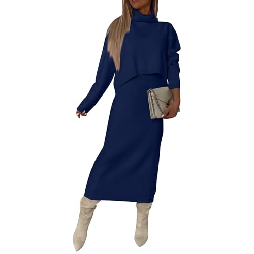 Strickanzug Damen Set Winter Rock Warm Anzug Damen Elegant 2 Teiler Hosenanzug Mit Kleid Rollkragen Pullover Zweiteiler Strick Hausanzug Frauen...