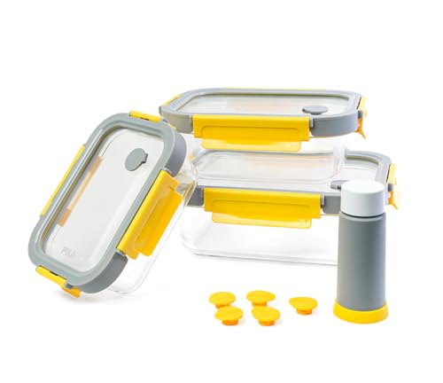 Pika - Lot de 3 boites alimentaires sous vide en verre + pompe de mise sous vide - 370ml + 640ml + 1050ml - Micro-ondes, four, congélateur - GlassShock