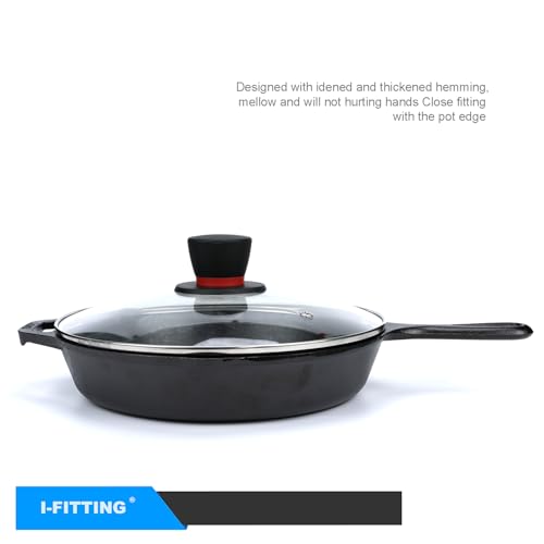 IFITTING Tempered Glass Lid (10.25 Inch/26cm) with Steam Vent-Fits Lodge interior diameter 10-10.25 Inch Cast Iron Skillets & 5 Quart Dutch Ovens-10.25'' Universal Replacement Cover