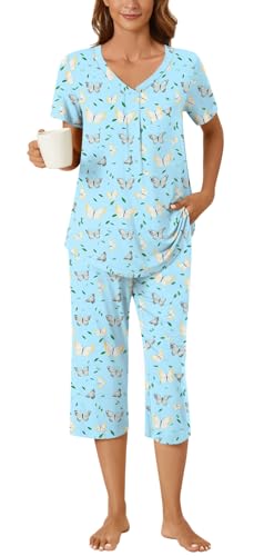 Image of Bestbee Women's Pajama Sets 2 Piece Lounge Outfits Summer Sleepwear V Neck Short Sleeve Capri Pant With Pockets Ladies Pjs