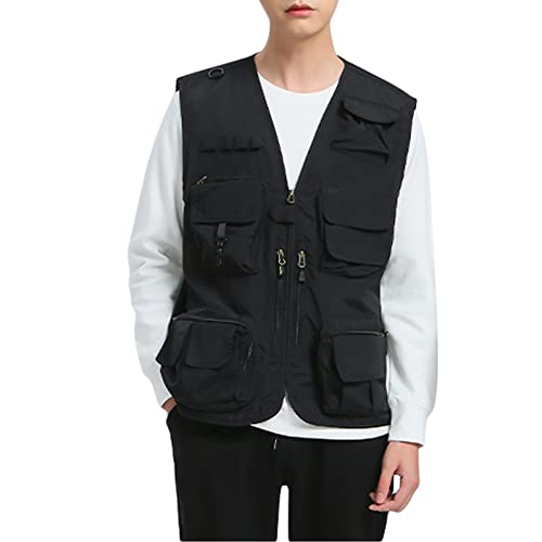 Pishon Men's Outdoor Work Safari Fishing Vest Quick Dry Casual Lightweight Travel Photo Cargo Vest With Multi Pockets, Black, X-Large #TOP1