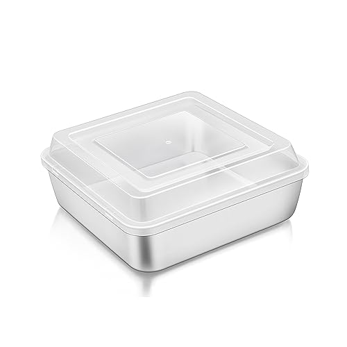 Image of TeamFar 6 x 6 Inch Square Cake Pan, Stainless Steel Square Baking Pan with Lid for Brownie Lasagna, Non-Toxic & Heavy Duty, One-Piece & Smooth, Dishwasher Safe & Easy Clean (1 Pan + 1 Lid)