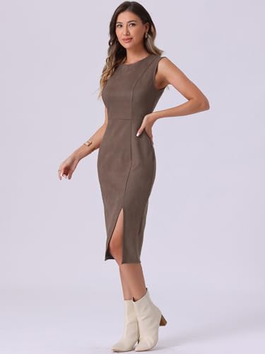 Image of Allegra K Faux Suede Dresses for Women's Sleeveless Crewneck Split Hem Work Office Sheath Dress
