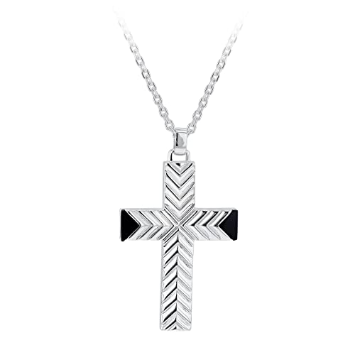 Collier pour homme en argent rhodié avec pendentif croix et agate noire 56cm