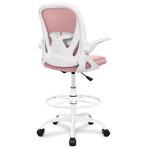 Primy Drafting Chair Tall Office Chair with Flip-up Armrests Executive Ergonomic Computer Standing Desk Chair with Lumbar Support and Adjustable Footrest Ring (Rose Quartz) 934-Z Rose Quartz
