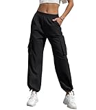 Women's High Waisted Cargo Pants Baggy Trendy Hiking Parachute Pants with Pockets Y2K Cargo Trousers Drawstring Ankles Black