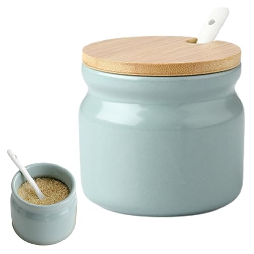 Jiakalamo Ceramic Sugar Bowl with Lid and Spoon, Seasoning Storage Jar Sugar Pot Salt Container for Coffee Bar, Home Kitchen(light green)