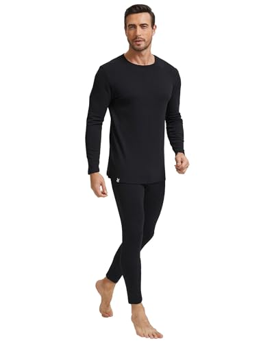 Thermal Underwear for Men Base Layer Cotton Long Johns High Weight Blended Fleece Lined Set for Cold Weather​​ (Large) Black