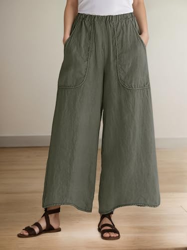 TIAFORD Summer Wide Leg Cotton Linen Pants for Women Solid Elastic High Waist Trousers Plus Size Lounge Pants with Pockets2