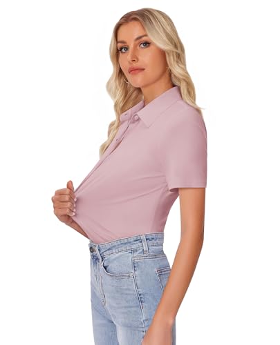 Image of siliteelon Womens Button Down Shirt Slim Fit Stretch Short Sleeve Dress Shirt Wrinkle Free Collared Business Work Blouse Top