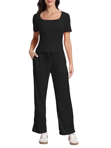 Women's 2 Piece Set Summer Outfits I Lounge Sets Short Sleeve Tops I High Waisted Wide Leg Pants Tracksuit Sets