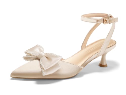 Image of Coutgo Womens Satin Kitten Low Heels Bow Pearl Closed Pointed Toe Pumps Ankle Strap Wedding Dress Shoes
