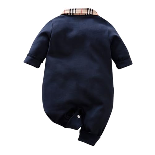 Image of Hopscotch Boys Cotton Checkered Full-Sleeve Romper in Blue Color