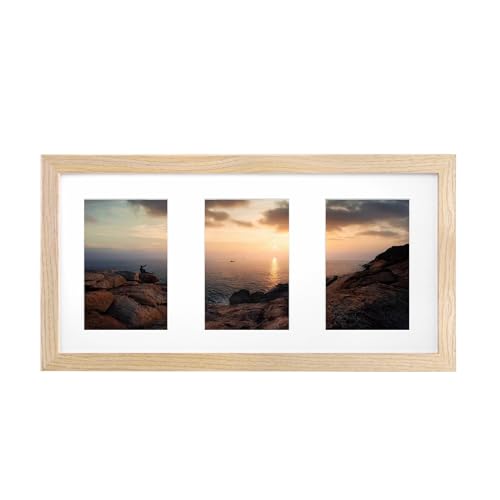KINLINK 8x16 Panoramic Collage Picture Frame Natural Solid Wood Frame with HD Plexiglass for Multiple Three 4x6 Photos with Mat or 8x16 without Mat Tabletop and Wall Mounting Display 1 Pack