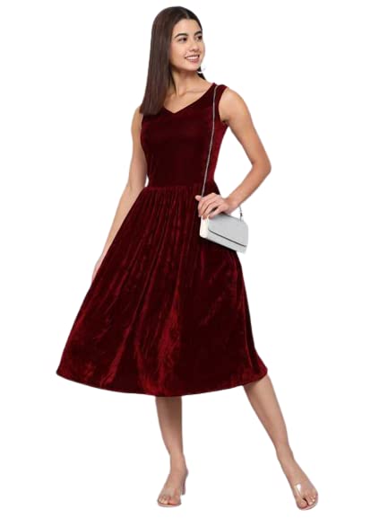 Vaararo Sleeveless Party Dress for Women with Side Pockets | A-Line Shiny Velvet V-Neck Stylish Outfit