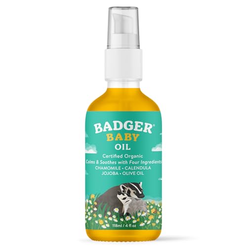 Image of Badger Baby Oil, 100% Organic Ingredients to Soften & Moisturize Dry Skin or Cradle Cap, Soothing Vegan Organic Baby Oil, 4 fl oz Glass Bottle