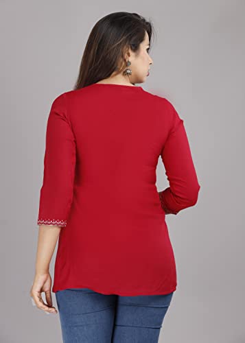 Image of Shiva Fab Short Kurti for Women | Embroidered Straight Rayon Kurta | Round Neck Full Sleeves Short Kurti for Women's