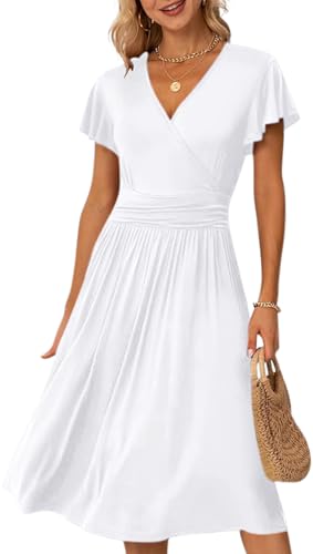 Image of Women's Casual Summer Dress V Neck Short Sleeve Flowy Stretchy Comfort Fit for Daily Wear Work Midi Dresses