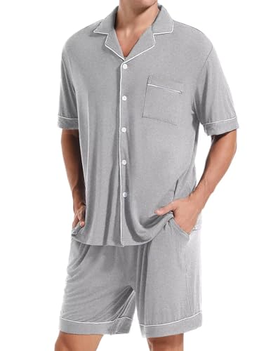 Men Pajamas Set Short Sleeve Sleepwear Button Down Loungewear 2 PCS Modal Sets with Pockets2