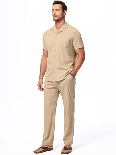 JMIERR Men 2 Piece Beach Vacation Outfit Pants Set Summer Cool Short Sleeve Casual Shirts2