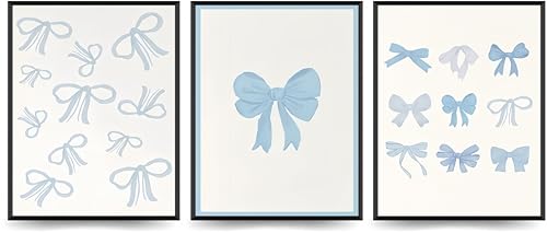 Linilioart Blue Bows Wandkunst-Set, 3 trendige Aquarelldrucke, Bilder, adrette Poster für Schlafzimmer, Uni, ungerahmt (40 x 60 cm)