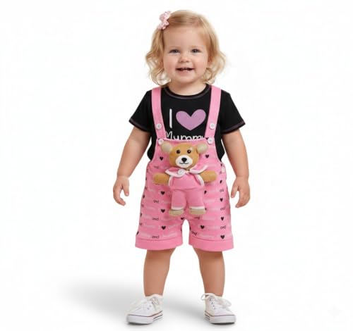 Image of A.T.U.N. (ALL THINGS UBER NICE) Baby Girls Cotton Denim Dungaree Set with 3D Teddy Bear Design |Printed T-Shirt with Adjustable Straps | Stylish & Comfortable Daily Outfit for Baby Unisex