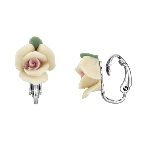 1928 Jewelry Bridal Porcelain Rose Clip On Earrings For Women, Non Piercing Ear Rings, Pierceless Snap On Made In USA, Hand Crafted Flowers, Timeless Floral Jewellery