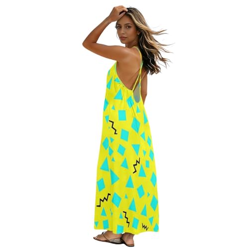 Robe caraco dos nu sans manches femme motif abstrait Memphis 80s robe longue plage M