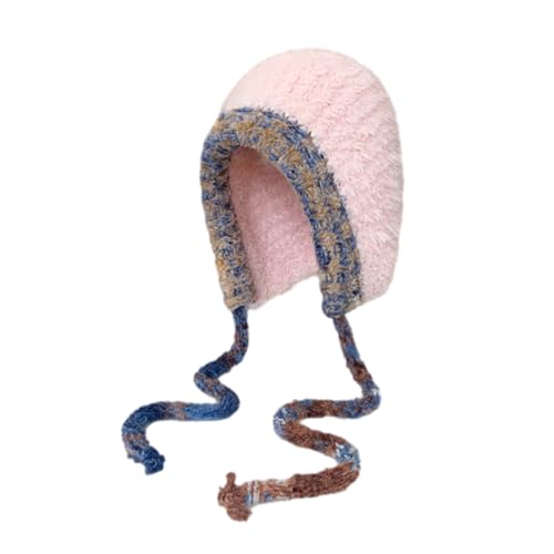 Knit Earflap Hat for Teens Adult Windproof Trapper Hat Thicken Knit Ear Protector Hat Keep Warm Skiing Cycling Hat Pink