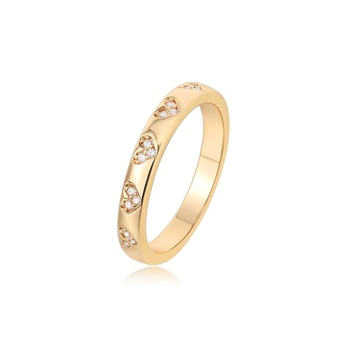 3mm Trendy Ring Pave with Heart Love Design Women Ring 14K Gold Plated CZ Stackable Ring Eternity Bands for Women Size 6-8
