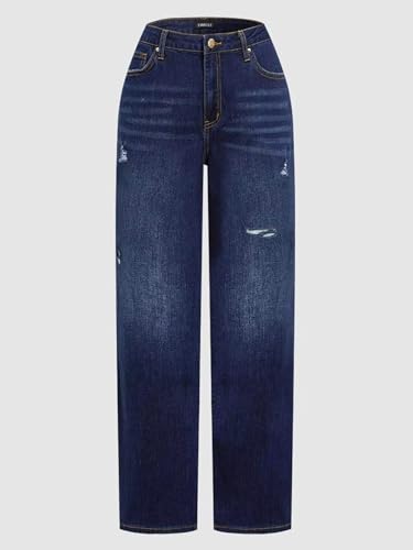 Flamingals Straight Leg Barrel Legs High Waist Casual Ripped Detail Wash Jeans3