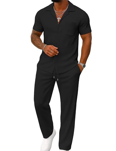 UOUA Herren Sommer 2-teiliges Set Kurzarm Hemd & lockere Hose Lässiges Strandurlaub-Outfit mit Streifen-Optik in Schwarz L