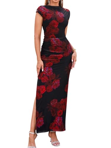 Image of HTZMO Women Summer Floral Bodycon Maxi Dress Ruched Cap Sleeve Wedding Guest Formal Party Elegant Long Dresses