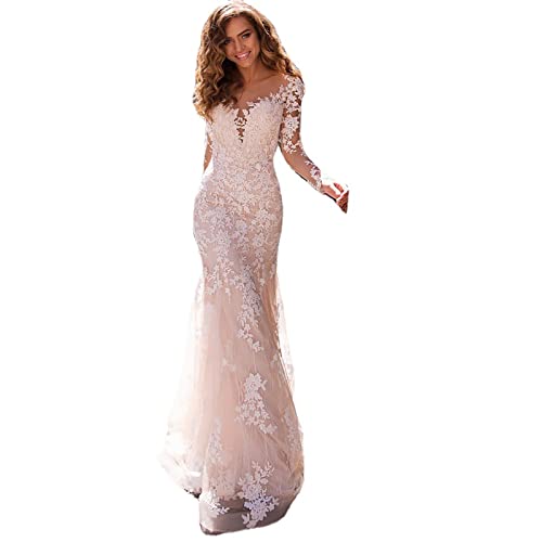 fohatu Robe De Mariée en Queue De Poisson pour Femmes, Imprimé Floral Blanc, épaules Dénudées, Sexy, Col en V, Dentelle, Panneaux De Gaze, Dos Nu, Robes De Soirée,M,White Cover