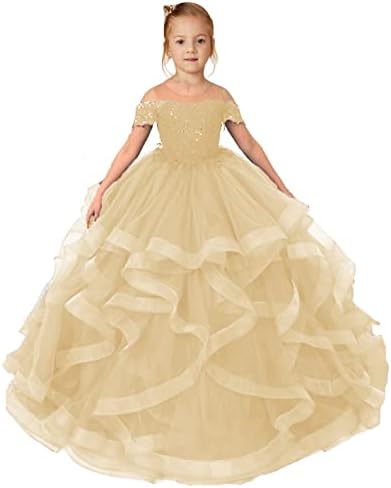 KaBuNi Princess Girls Pageant Dresses Appliques Tulle Puffy Flower Girl Dress Ball Gown Child Prom Party Dress Champagne