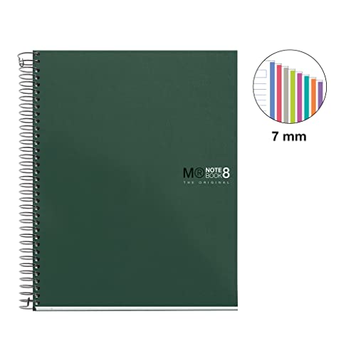 Image of Miquelrius - The Original Notebook Notebook, 8 Coloured Stripes, Opaque Polypropylene Cover, A5 Size (148 x 210 mm), 2 Drills, 200 Sheets of 70 g /m, Horizontal Ruled 7 mm, Khaki Colour