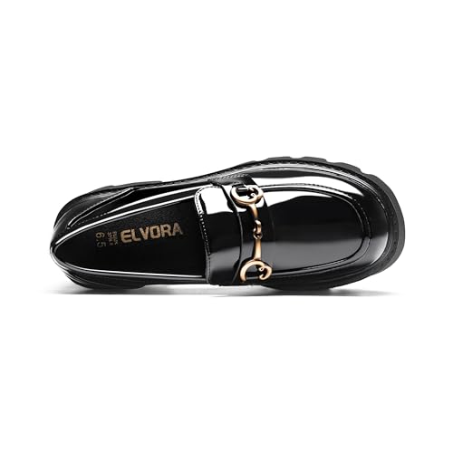 Image of Black Platform Loafers for Women - Women's Slip-On Leather Loafers, Chunky Comfort Shoes for Work & Dressy Occasions