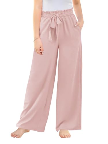 Image of Haloumoning Girls Wide Leg Pants High Elastic Smocked Waist Casual Flowy Cute Long Trousers