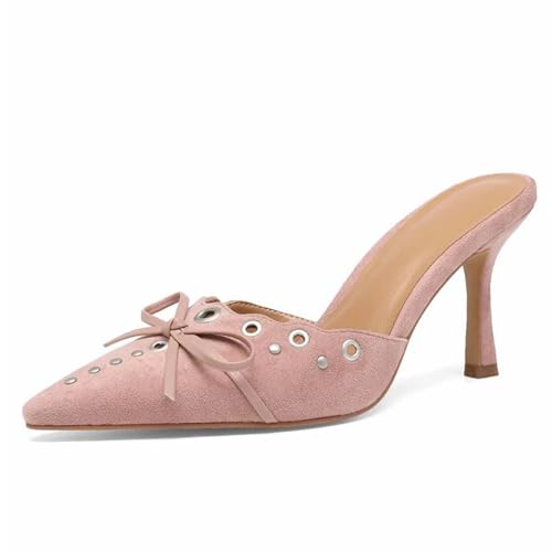 HICLOTSA Women's Slip On Pumps Kitten Heeled Sandals Pointy Studded Suede Bow Mule Shoes for Women Ladies Dress Dance Pink Size 6