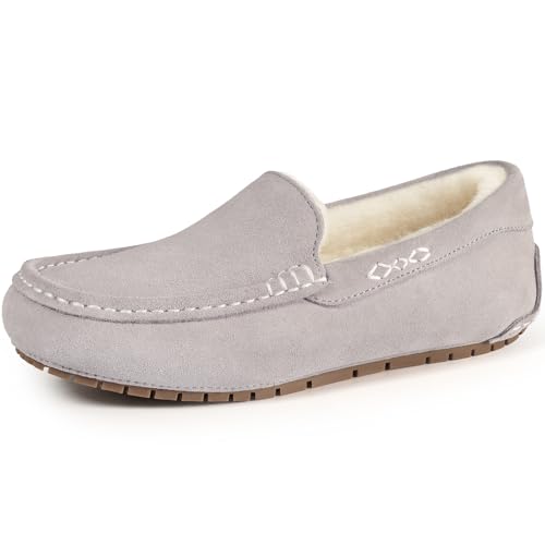 KIDMI Women's Genuine Suede Moccasin Slippers Fluffy Cozy House Shoes with Soft Sole Indoor/Outdoor, Grey 38