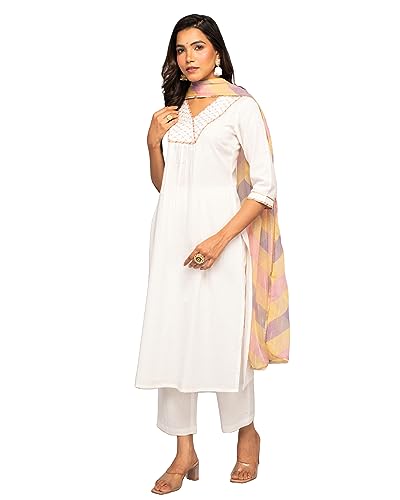 Image of FIORRA Women's White Cotton A-line Kurta with Pant and Dupatta