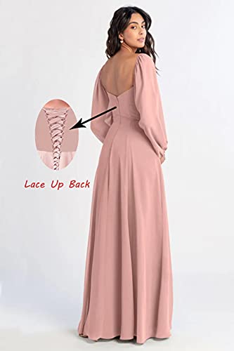 BONOYUER Women's Puffy Long Sleeve Bridesmaid Dresses with Slit A Line Square Neck Formal Prom Evening Gown2