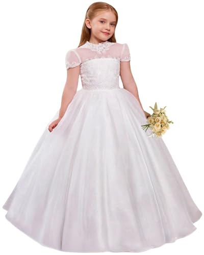 Lace Flower Girl Dresses for Wedding Puffy Tulle Princess Pageant Dress Cap Sleeves Girls Ball Gown First Communion Dress