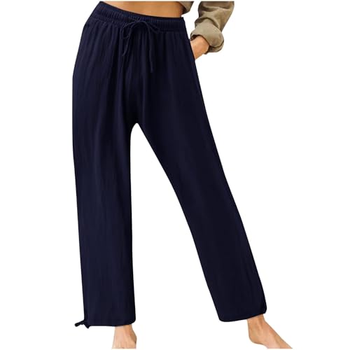 Women's Elastic High Waisted Linen Pants Drawstring Wide Leg Palazzo Pant Comfy Lounge Beach Trousers with Pocket3