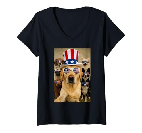 Mujer Perro Selfie Bandera Americana 4 de Julio Patriotic Puppy Lover Camiseta Cuello V