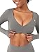YEOREO Long Sleeve Crop Tops for Women Agantha Deep V Neck Ruched Padded Workout Gym Cropped T Shirt Top with Thumb Holes Light Gray M